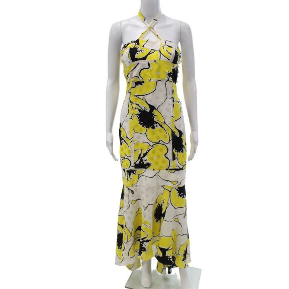 Tuleh Women Maxi Floral Halter Silk Button Sleeveless Dress Black Size S